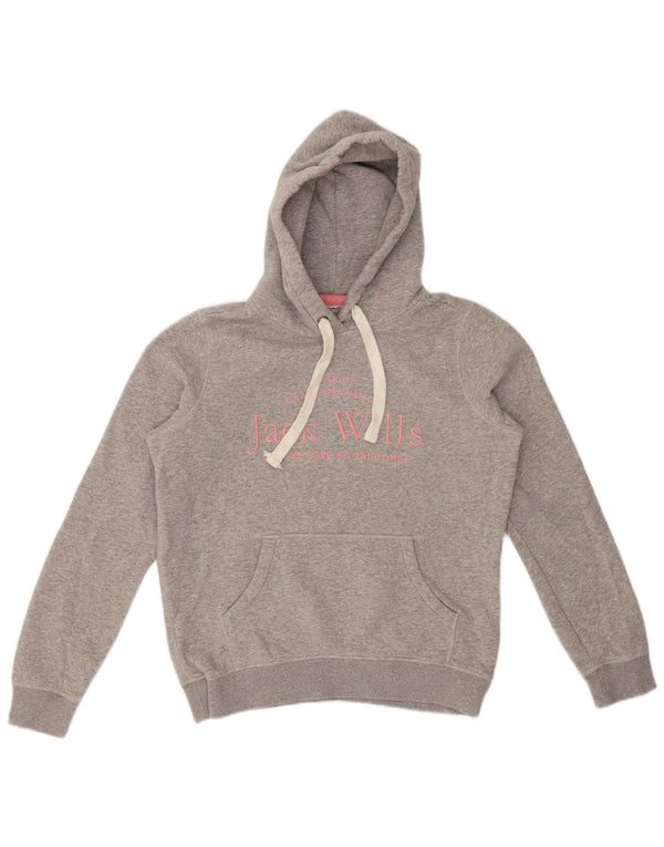 JACK WILLS Damski sweter oversize z kapturem i grafiką, UK 10, mały, szary, bawełniany