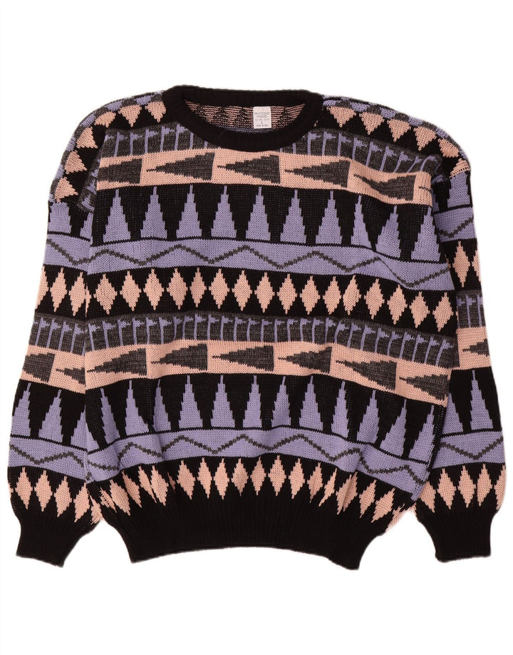 Vintage męski sweter z wycięciem pod szyją, duży, wielobarwny, geometryczny akryl