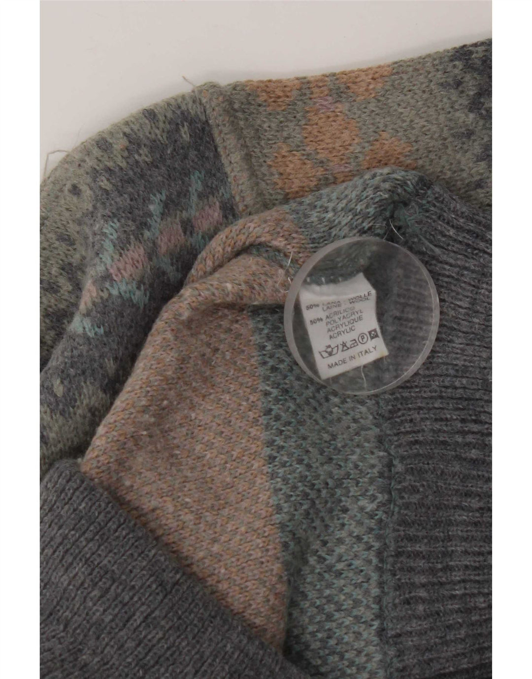 Vintage męski sweter z okrągłym dekoltem, duży, szary, wełniany Fair Isle