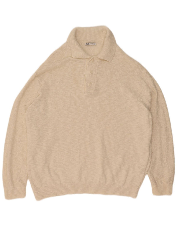 Męski sweter Zara z dekoltem w serek, duży, z białej bawełny w cętki