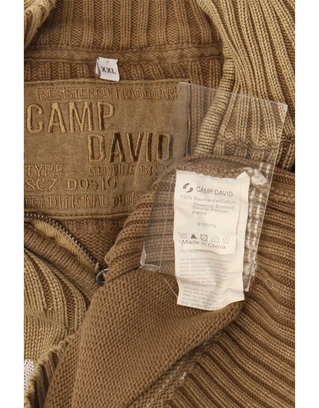 Męski sweter męski Camp David z zamkiem błyskawicznym, 2XL, brązowy, bawełniany