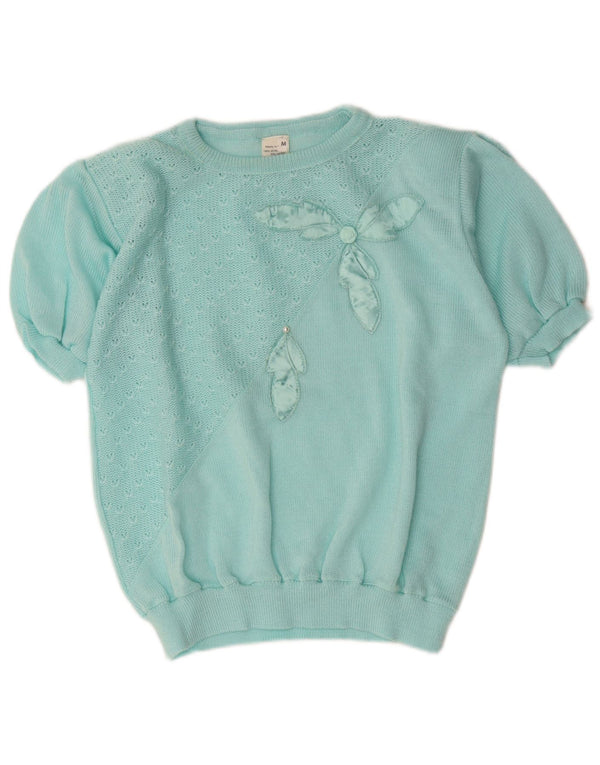 Vintage damski sweter z krótkim rękawem i dekoltem w łódkę UK 14 średni niebieski