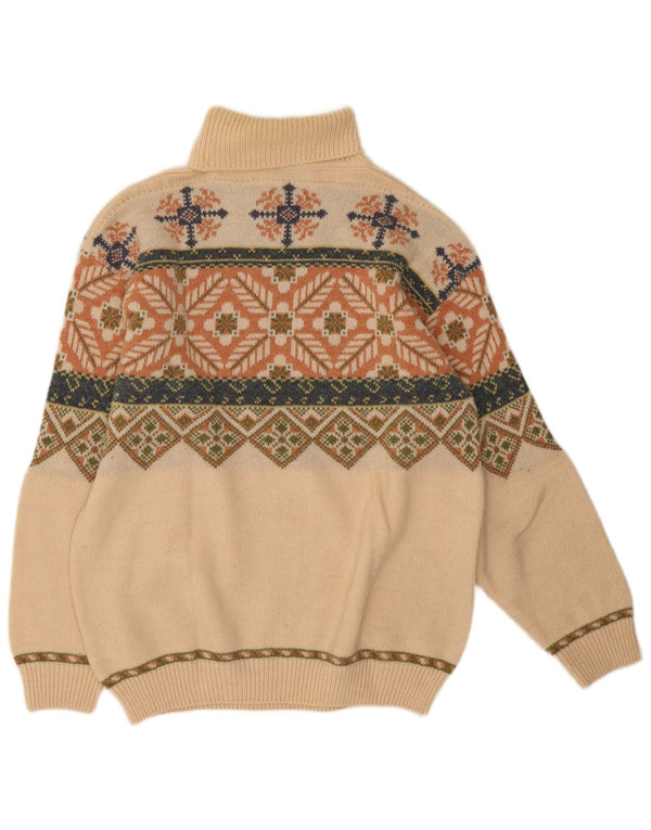 Sweter damski w stylu vintage z golfem UK 14, duży, beżowy, wełna Fair Isle