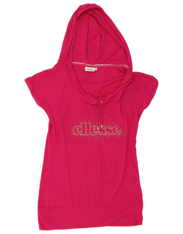 Ellesse Womens Hooded Graphic T-Shirt Top UK 12 Medium Pink Viscose