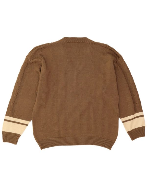 Męski sweter w stylu vintage z dekoltem w szpic, duży, brązowy, wykonany z tkaniny argyle/diamentowej bawełny