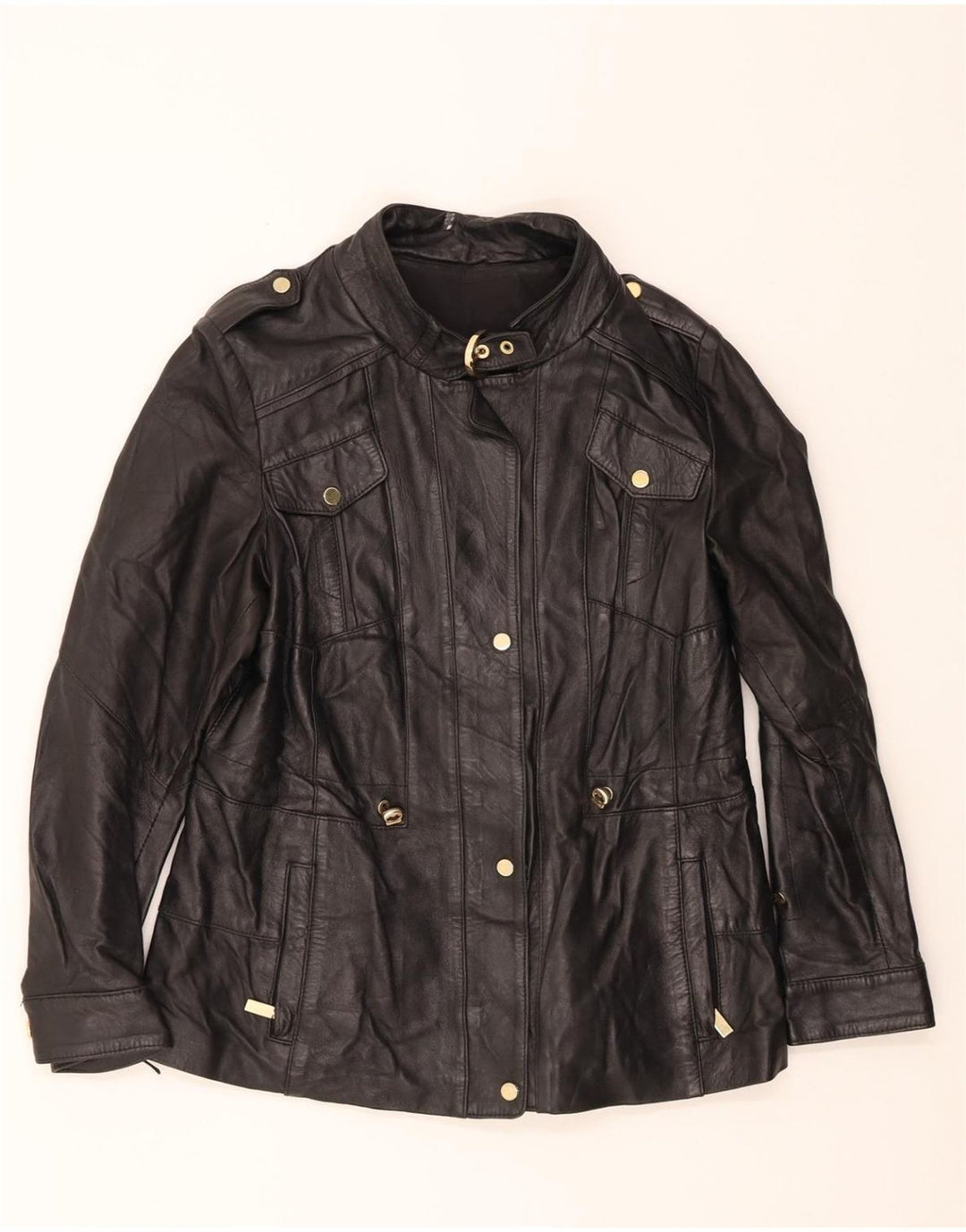 VINTAGE Womens Military Leather Jacket IT 50 XL Black Leather Vintage Vintage and Second-Hand Vintage from Messina Hembry 