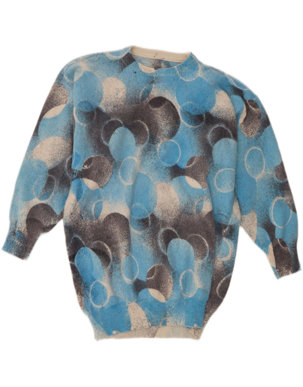 Sweter damski w stylu vintage z okrągłym dekoltem UK 14, duży niebieski geometryczny