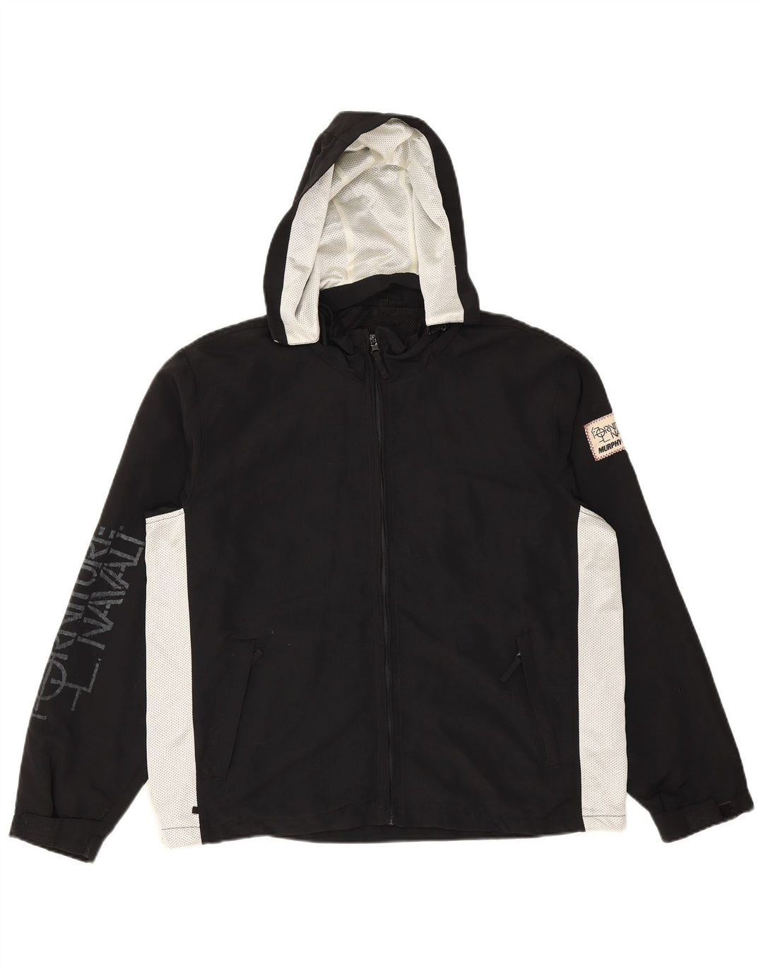 Męska kurtka przeciwdeszczowa z kapturem i grafiką MURPHY & NYE UK 36, mała czarna, z blokami kolorów