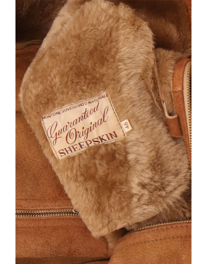 Vintage damska kurtka Shearling z kapturem IT 46, duża brązowa skóra owcza
