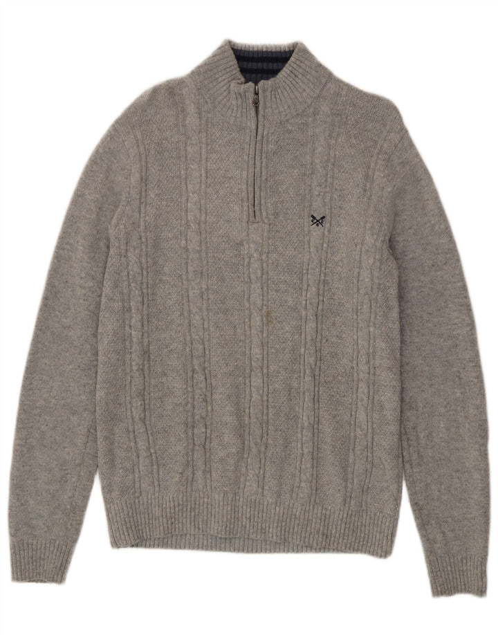 Crew Clothing Męski sweter z zamkiem błyskawicznym, duży, szary, z owczej wełny