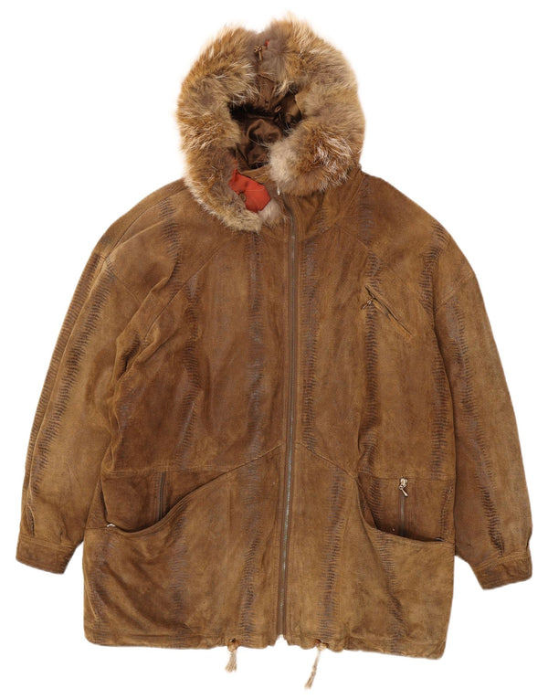 Vintage Womens Oversized Hooded Suede Overcoat EU 44 XL Brown Animal Print