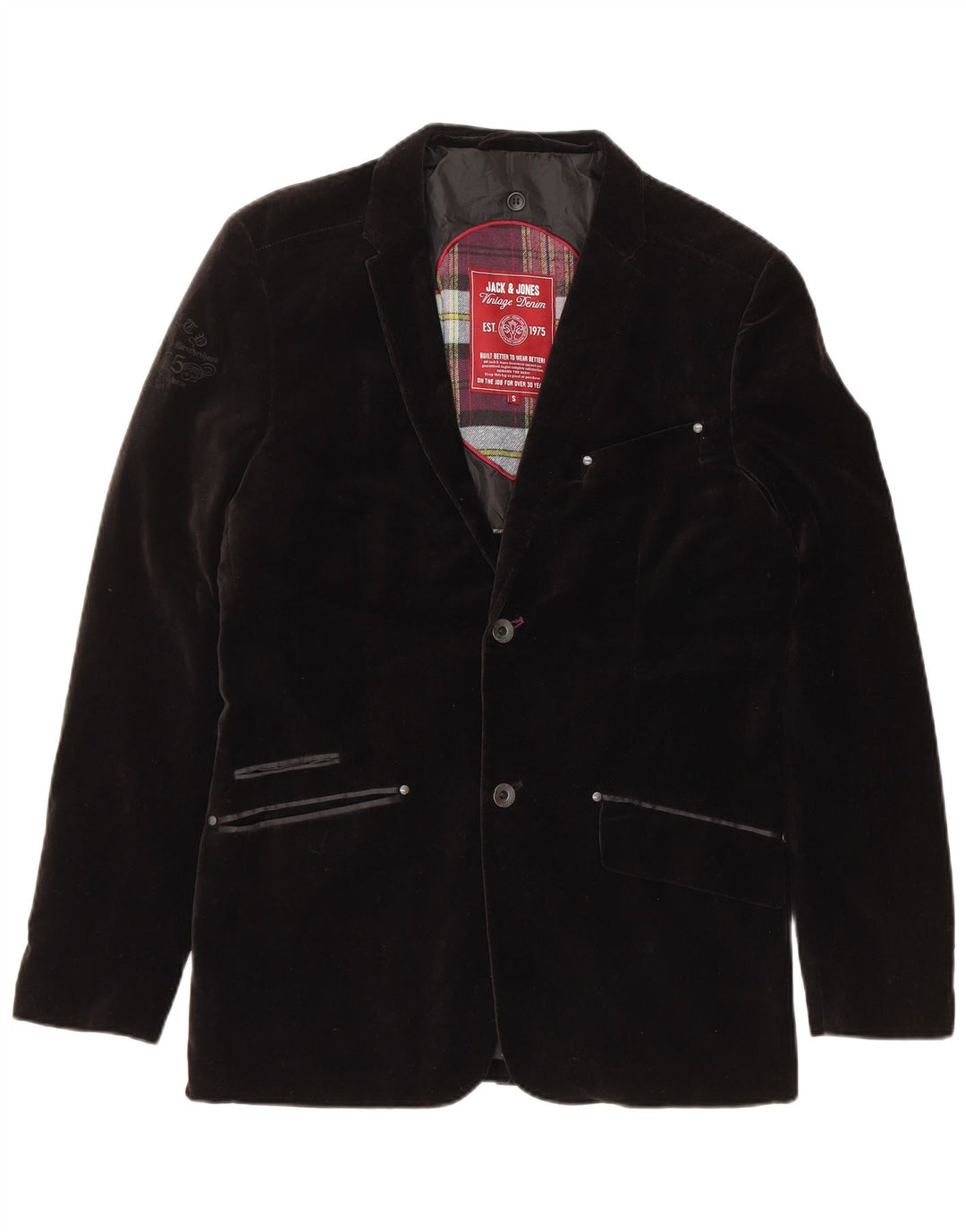 JACK & JONES Męska aksamitna marynarka zapinana na 2 guziki UK 36, mała, czarna, bawełniana