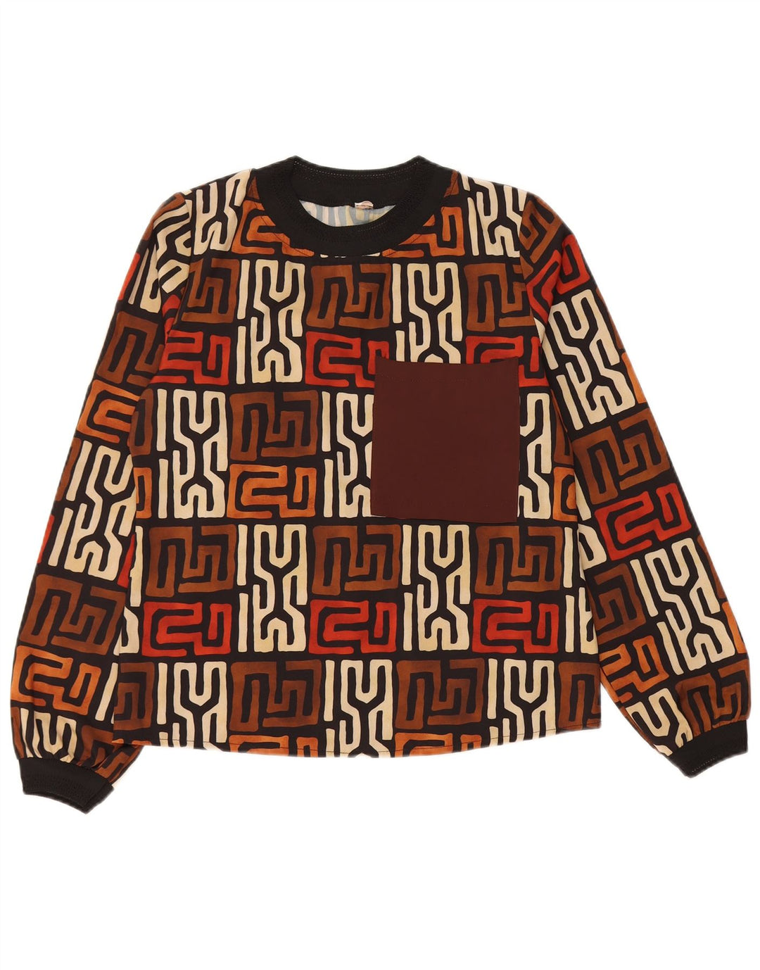 Top damski VINTAGE z długim rękawem UK 12, średni brąz i geometria