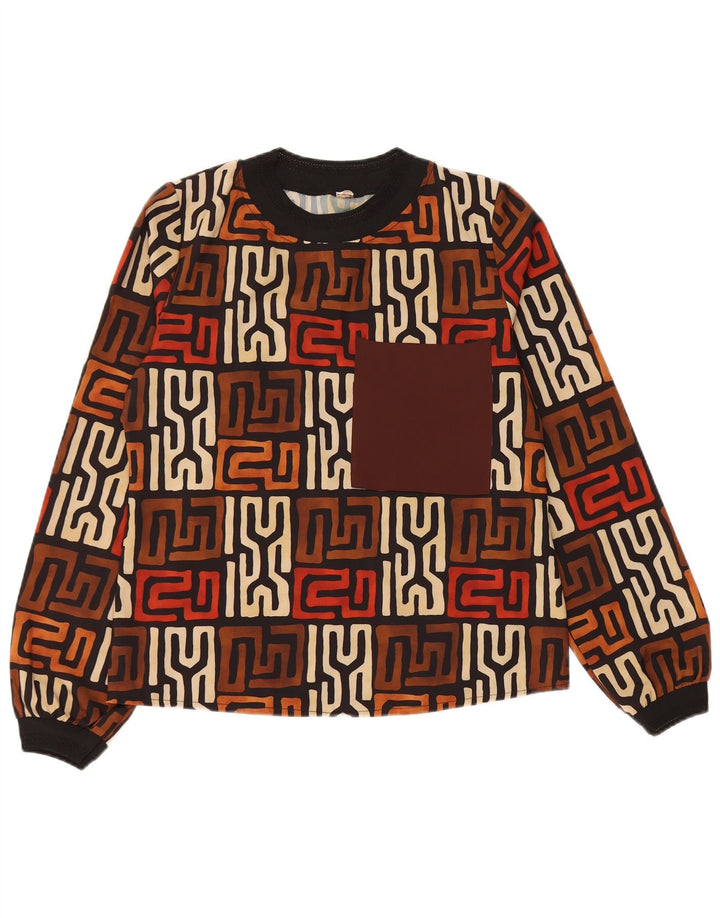 Top damski VINTAGE z długim rękawem UK 12, średni brąz i geometria