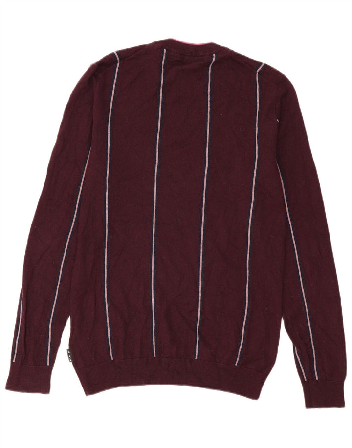 Ted Baker Męski sweter z okrągłym dekoltem, mały, bordowy, wełniany w paski