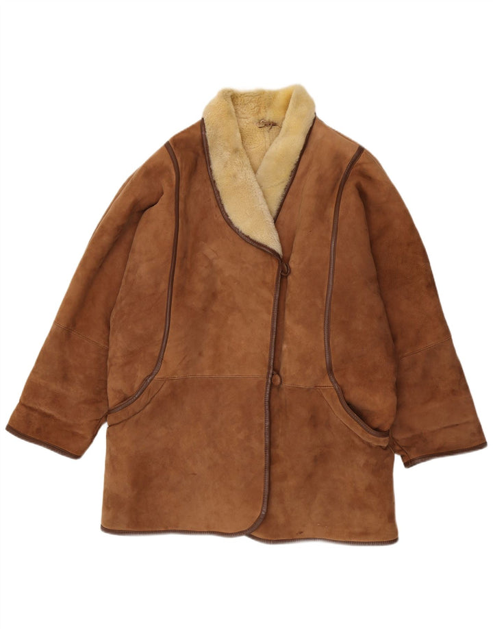 Vintage damski oversize'owy płaszcz z owczej skóry IT 48 XL, brązowy, z owczej skóry