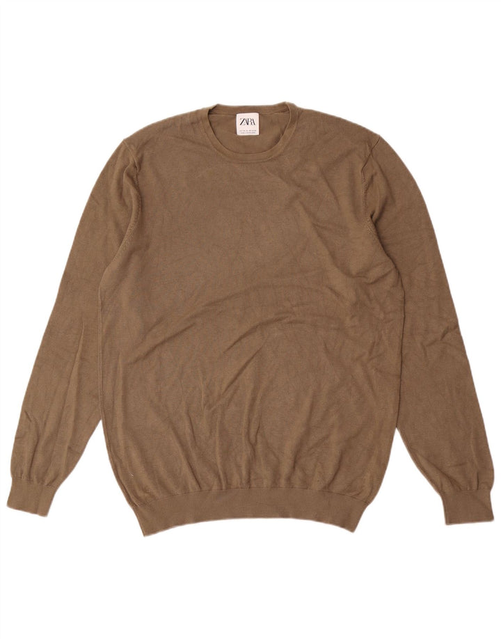 Męski sweter Zara z okrągłym dekoltem, średnia wiskoza khaki