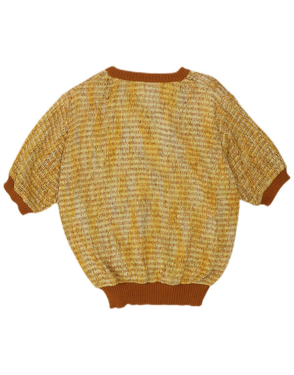 Vintage damski sweter z krótkim rękawem i dekoltem w kształcie litery V IT 44 średni żółty