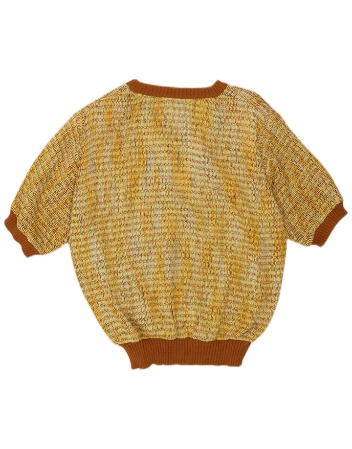 Vintage damski sweter z krótkim rękawem i dekoltem w kształcie litery V IT 44 średni żółty