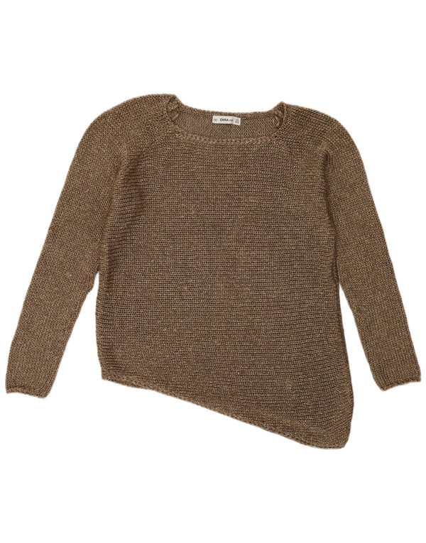 Zara Womens Asymmetric Boat Neck Jumper Sweater UK 14 Medium Brown