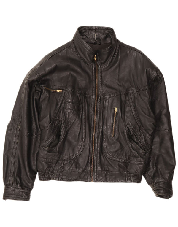 Vintage męska luźna skórzana kurtka UK 36 mała czarna skóra
