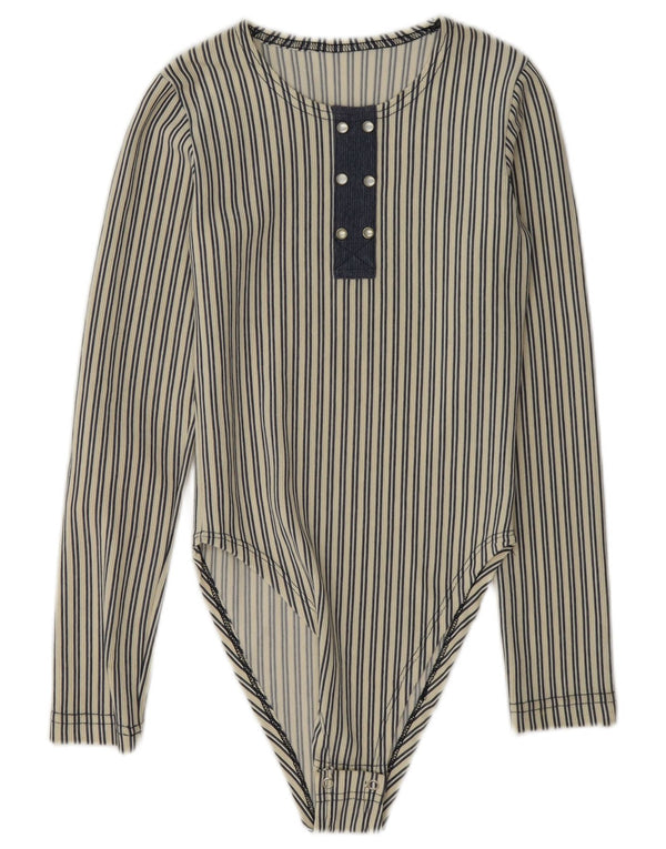 Vintage damskie body z długim rękawem UK 8 w małe niebieskie paski