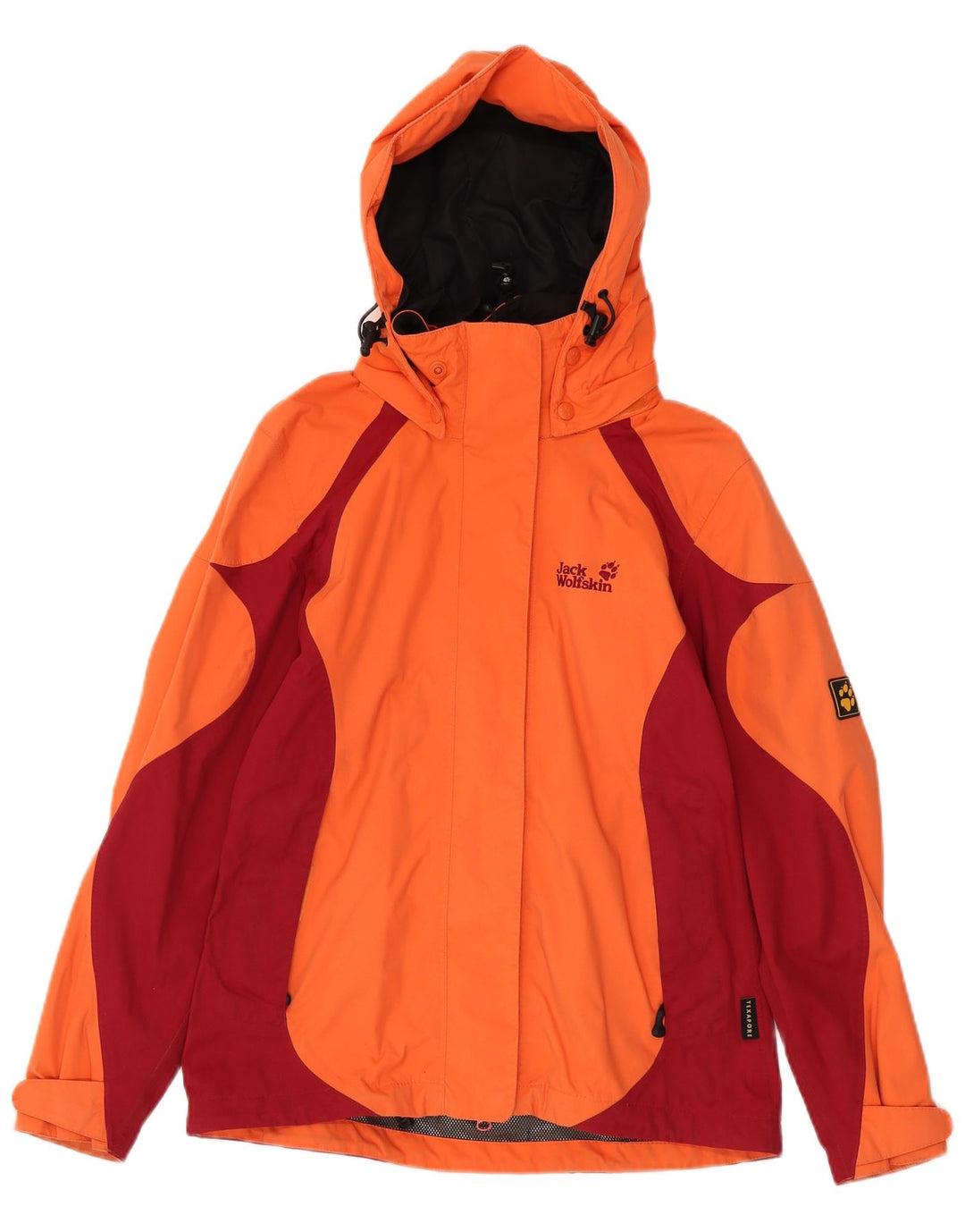 Damska kurtka przeciwdeszczowa z kapturem Jack Wolfskin UK 10, mała, pomarańczowa, z blokami kolorów