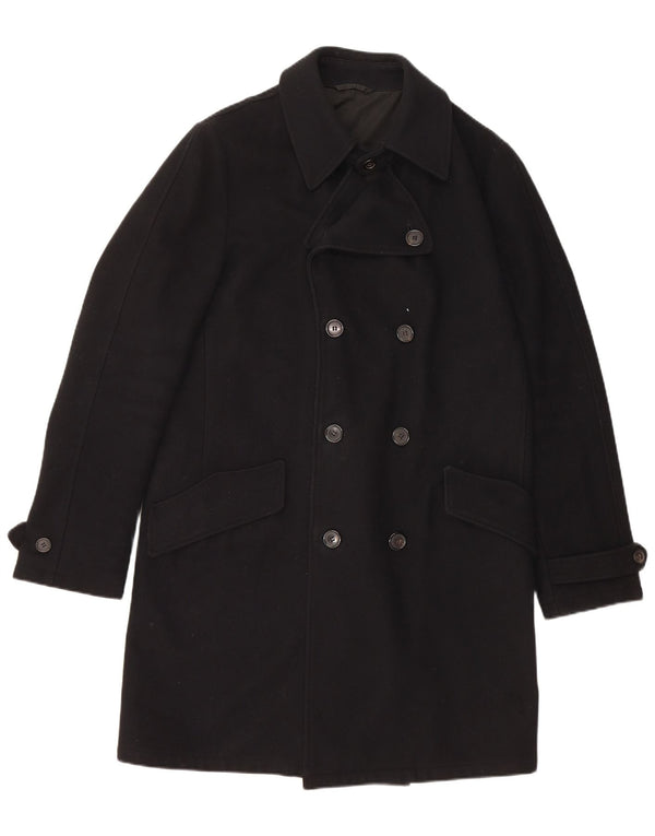 HUGO BOSS Męski dwurzędowy płaszcz UK 38 Średni czarny dziewiczy wełna