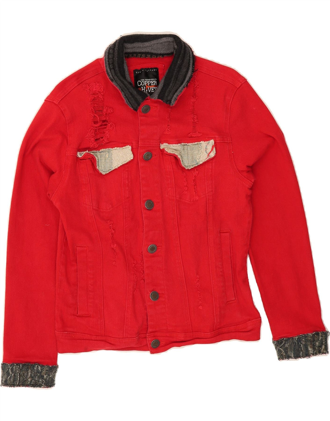 COPPER RIVET Mens Distressed Denim Jacket UK 12 Medium Red Colourblock Vintage Copper Rivet and Second-Hand Copper Rivet from Messina Hembry 
