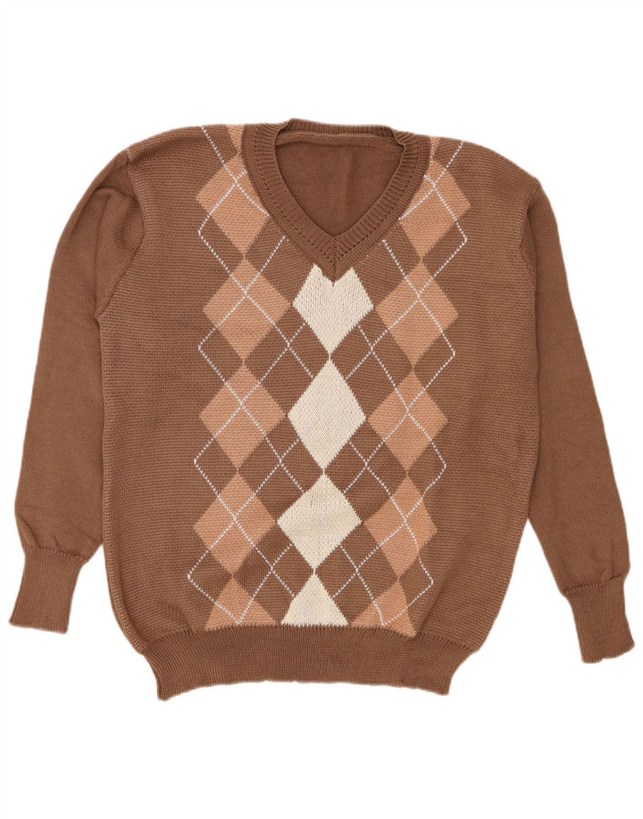 Vintage damski sweter z dekoltem w kształcie litery V, duży, brązowy, wykonany z tkaniny argyle/diamentowy poliester