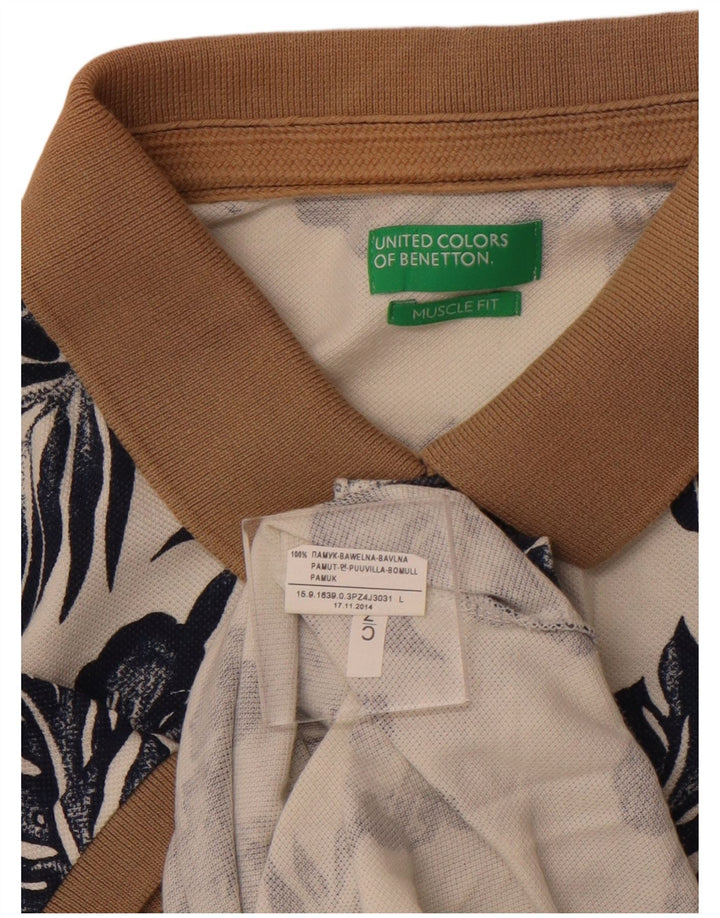 Męska koszulka polo BENETTON o dopasowanym kroju, duża, biała, bawełniana w kwiaty