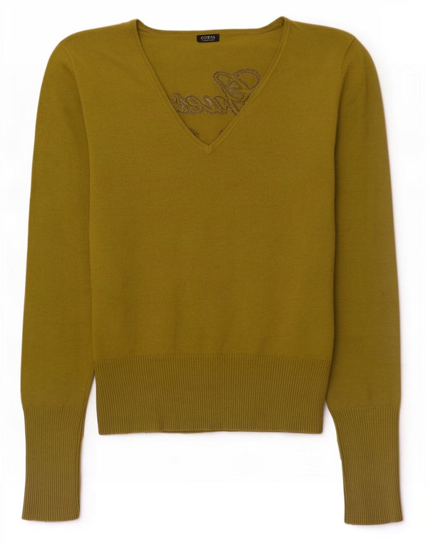 Damski sweter Guess z graficznym dekoltem w kształcie litery V, UK 16, średni zielony wiskoza