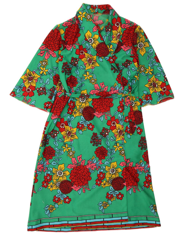 Vintage Womens 3/4 Sleeve Robe Kaftan Dress UK 12 Medium Green Floral