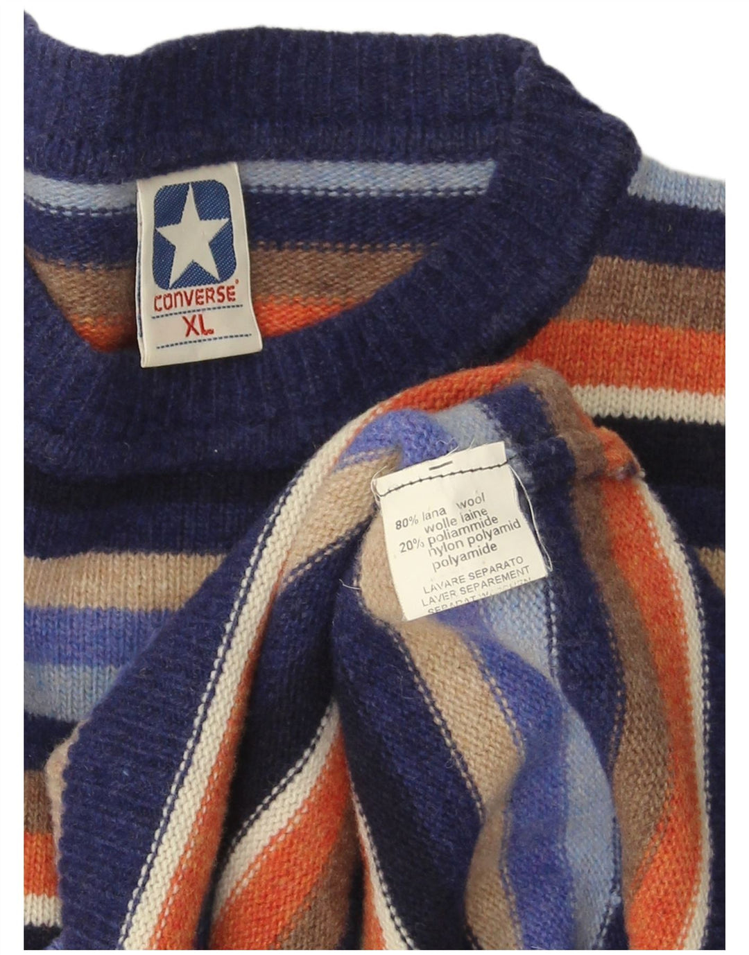 CONVERSE Męski sweter z okrągłym dekoltem XL, wełniany w wielokolorowe paski