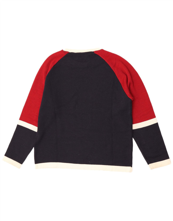 Vintage męski sweter z okrągłym dekoltem, mały, granatowy, wełniany blok kolorów