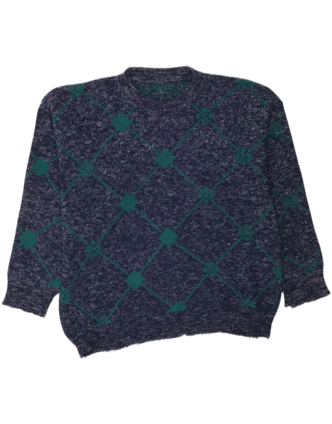 VINTAGE Mens Crew Neck Jumper Sweater Large Navy Blue Argyle/Diamond Vintage Vintage and Second-Hand Vintage from Messina Hembry 
