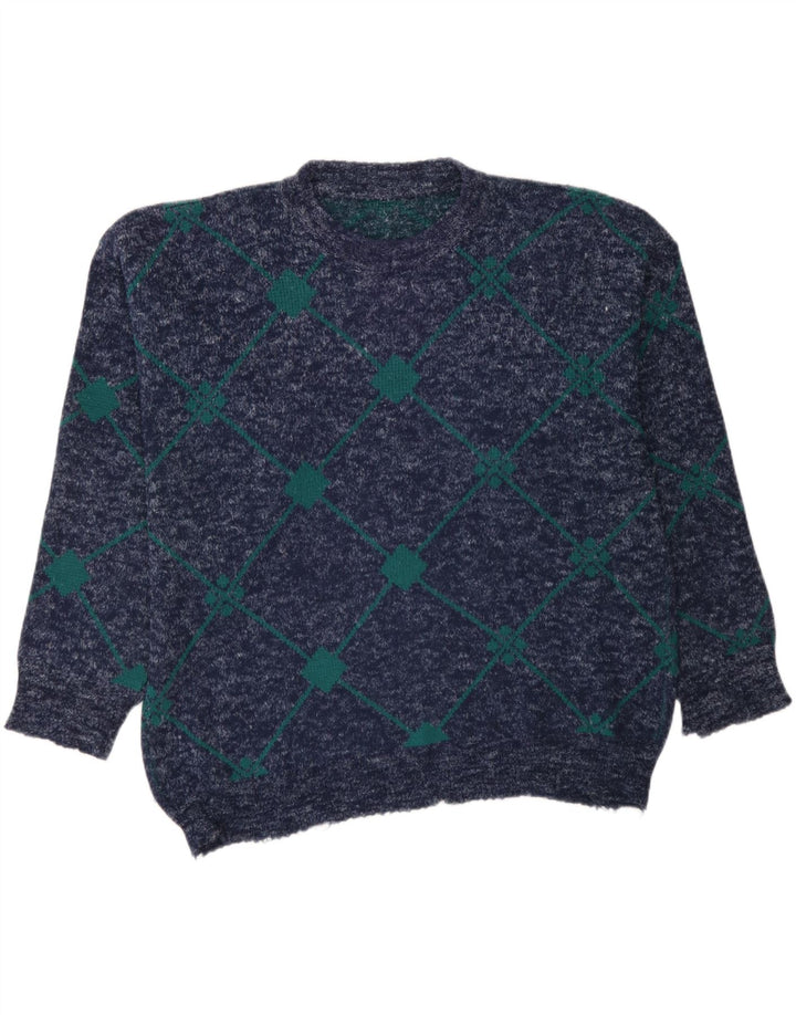 VINTAGE Mens Crew Neck Jumper Sweater Large Navy Blue Argyle/Diamond Vintage Vintage and Second-Hand Vintage from Messina Hembry 