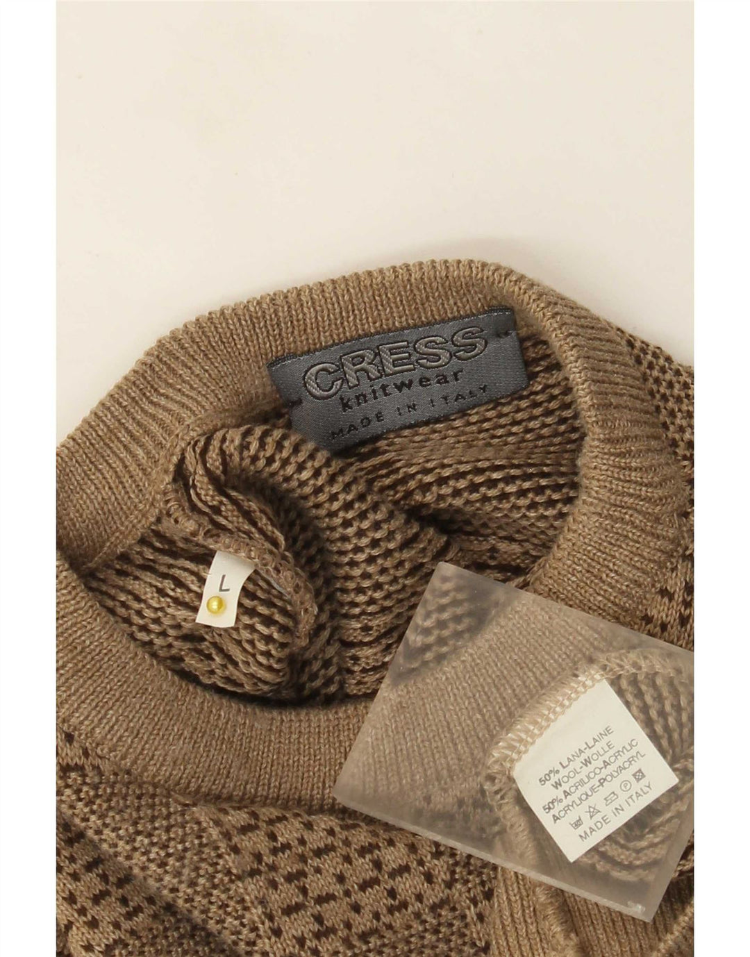 Vintage męski sweter z wycięciem pod szyją, duży, beżowy, geometryczny wełniany