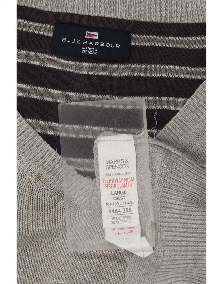 Marks & Spencer Męski sweter w kolorze niebieskim z dekoltem w kształcie litery V, duży, szary, bawełniany