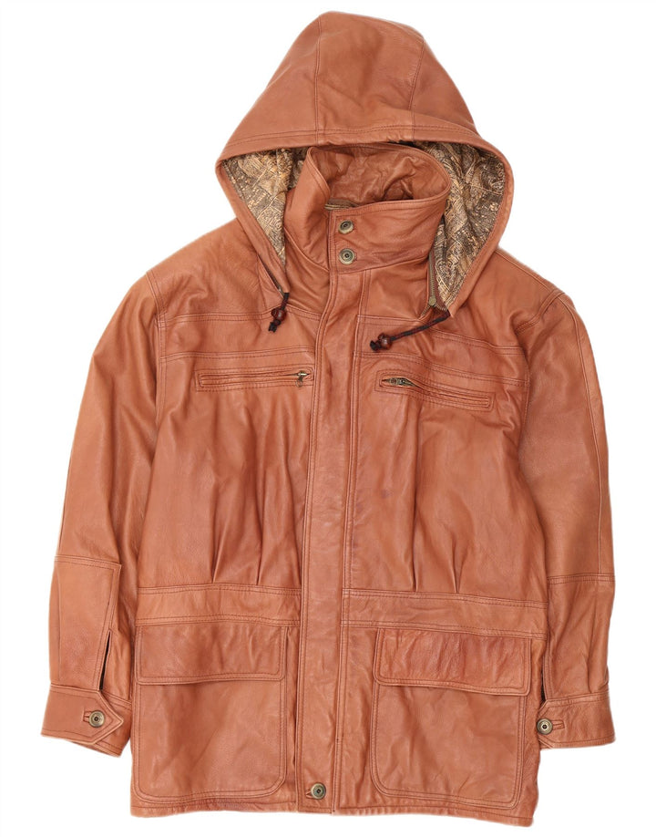 Męski płaszcz skórzany z kapturem w stylu VINTAGE IT 48 Średni brąz, skóra