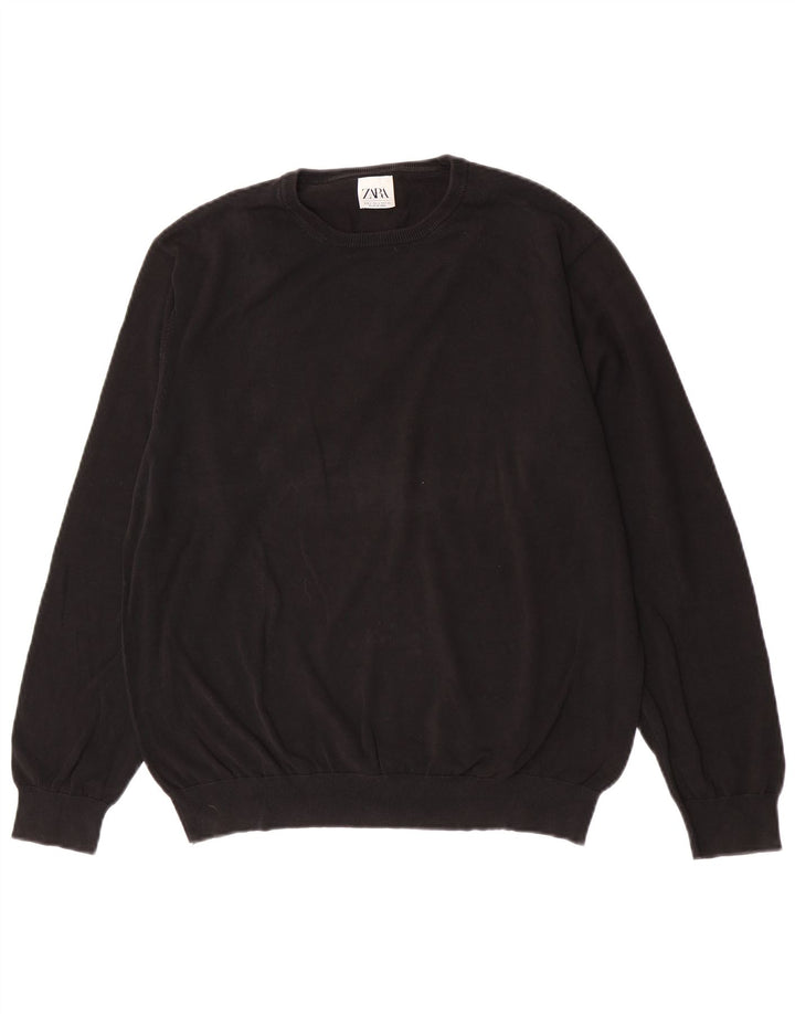 Zara Męski sweter z okrągłym dekoltem, duży, czarny, bawełniany