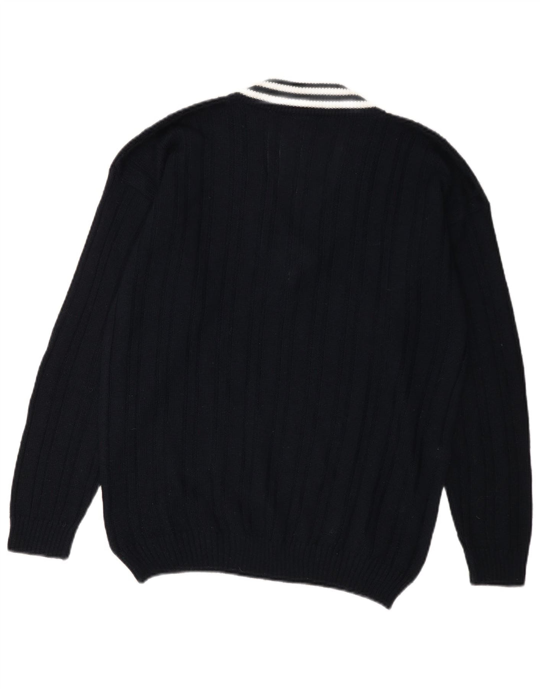 Vintage męski sweter z dekoltem w szpic, duży granatowy akryl
