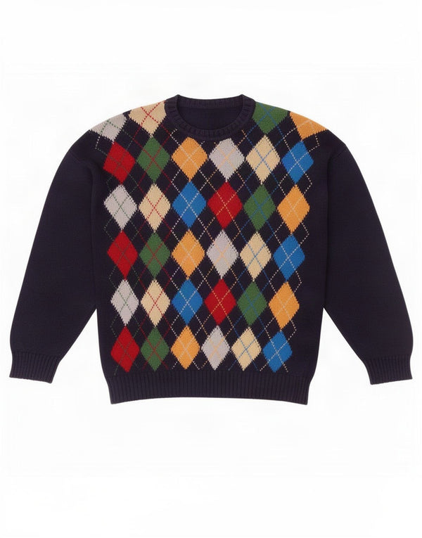 Vintage męski sweter z okrągłym dekoltem, duży, granatowy, wykonany z tkaniny argyle/diamentowej bawełny