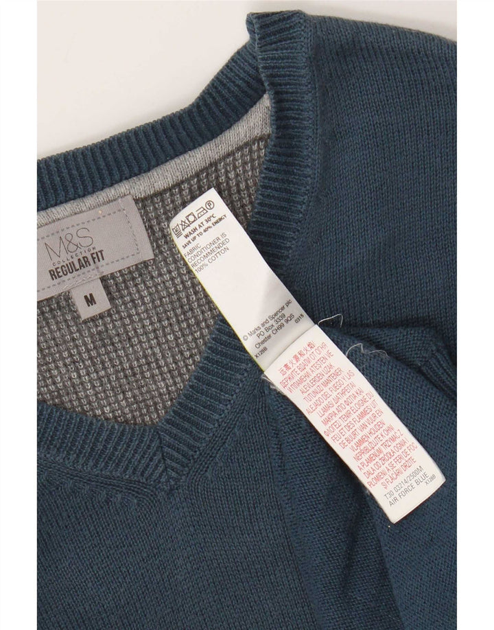Marks & Spencer Męski sweter o regularnym kroju z dekoltem w kształcie litery V, średnioniebieski, bawełniany