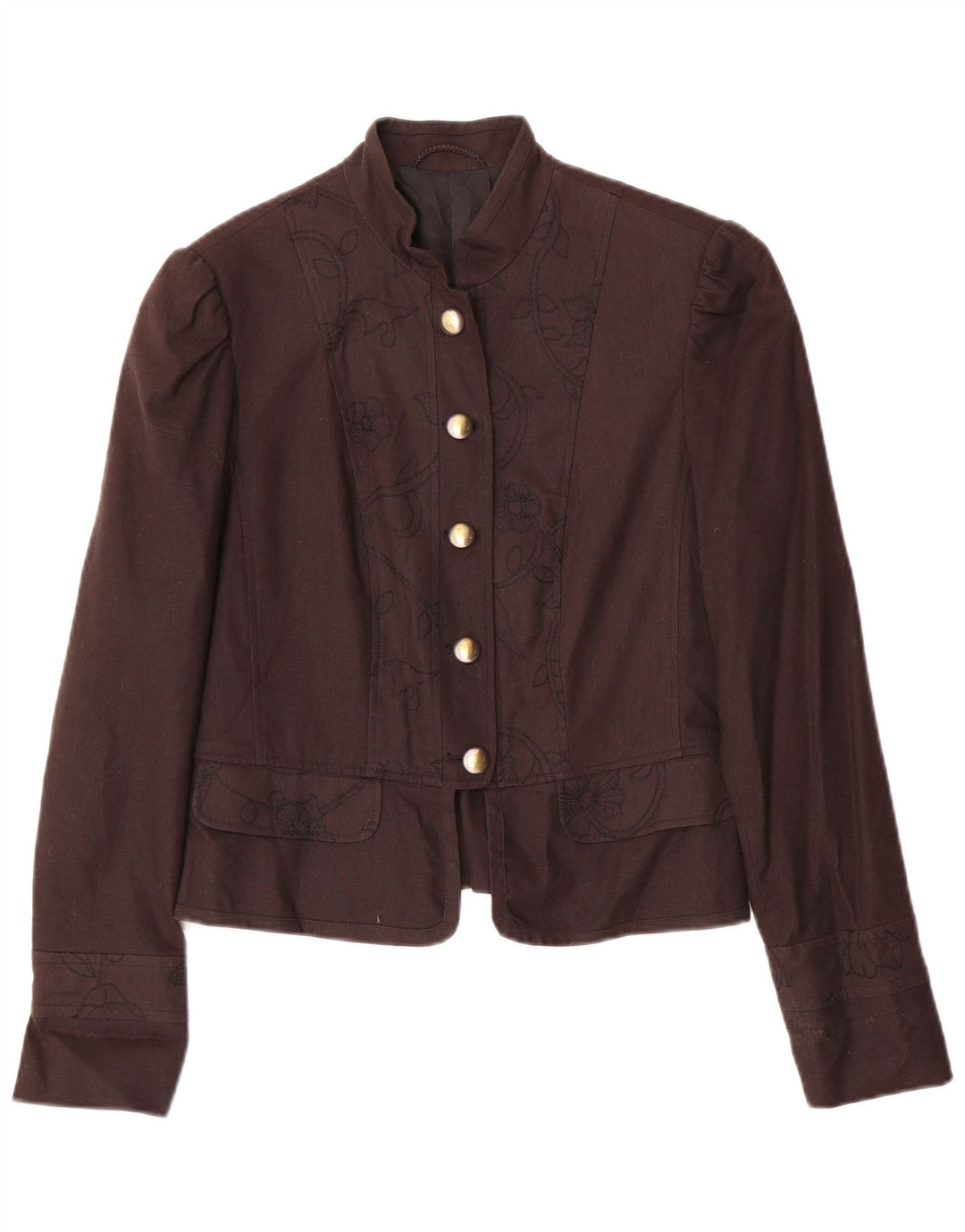 Vintage damska marynarka zapinana na 5 guzików UK 10, mała, brązowa, lniana w kwiaty