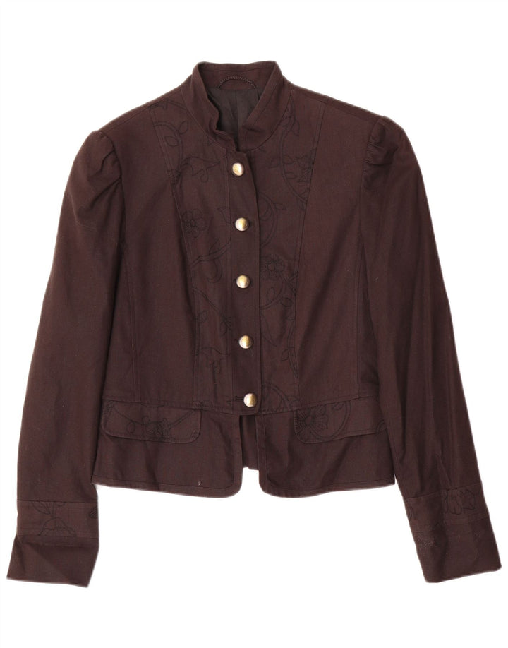 Vintage damska marynarka zapinana na 5 guzików UK 10, mała, brązowa, lniana w kwiaty