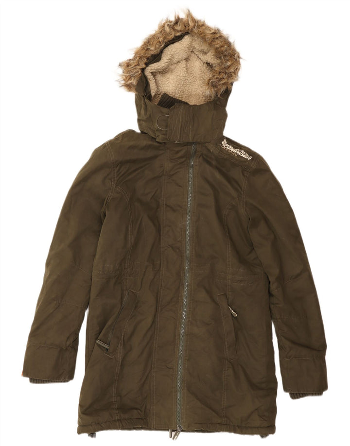 SUPERDRY Damska kurtka parka z kapturem i grafiką, UK 12, średnia bawełna khaki