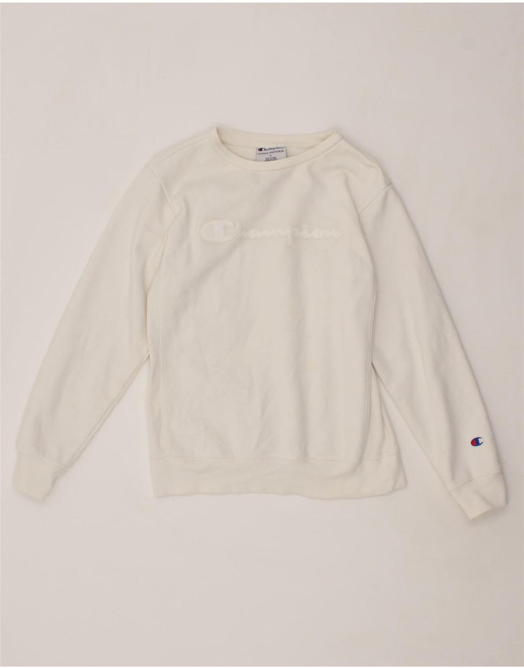 CHAMPION Womens Graphic Sweatshirt Jumper UK 14 Large White Polyester Vintage Champion and Second-Hand Champion from Messina Hembry 
