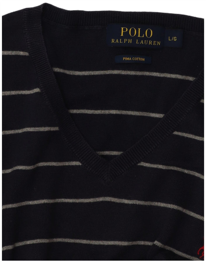 POLO RALPH LAUREN Męski sweter z dekoltem w kształcie litery V, w duże granatowe paski
