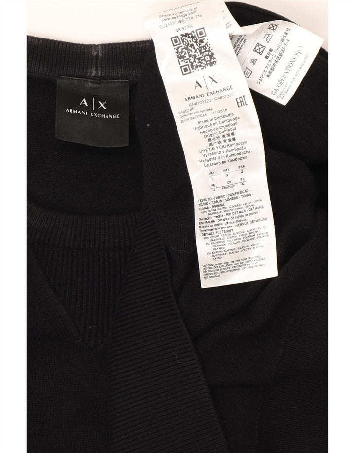 ARMANI EXCHANGE Męski sweter z graficznym wycięciem pod szyją, duży, czarny, bawełniany